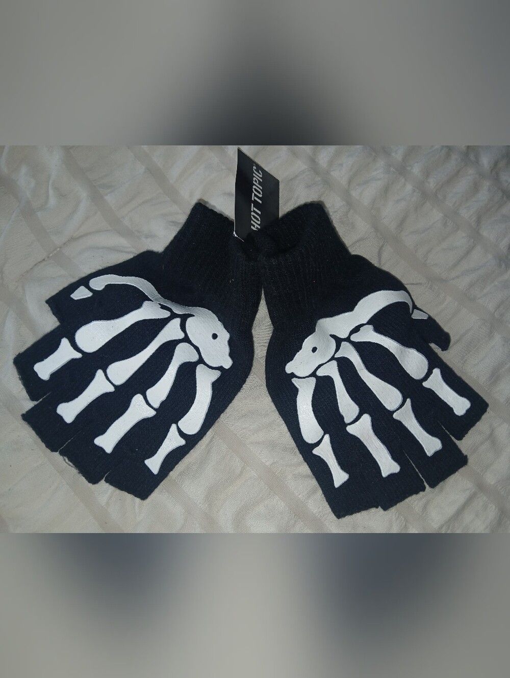 Hot Topic Black Fingerless Gloves with White Skeleton Print